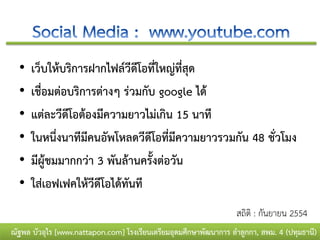•   เว็บให้บริการฝากไฟล์วีดีโอที่ใหญ่ที่สุด
  •   เชื่อมต่อบริการต่างๆ ร่วมกับ google ได้
  •   แต่ละวีดีโอต้องมีความยาวไม่เกิน 15 นาที
  •   ในหนึ่งนาทีมีคนอัพโหลดวีดีโอที่มีความยาวรวมกัน 48 ชั่วโมง
  •   มีผู้ชมมากกว่า 3 พันล้านครั้งต่อวัน
  •   ใส่เอฟเฟคให้วีดีโอได้ทันที
                                                                   สถิติ : กันยายน 2554
ณัฐพล บัวอุไร [www.nattapon.com] โรงเรียนเตรียมอุดมศึกษาพัฒนาการ ลาลูกกา, สพม. 4 (ปทุมธานี)
 