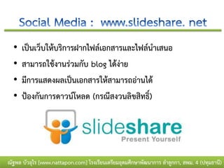 •   เป็นเว็บให้บริการฝากไฟล์เอกสารและไฟล์นาเสนอ
  •   สามารถใช้งานร่วมกับ blog ได้ง่าย
  •   มีการแสดงผลเป็นเอกสารให้สามารถอ่านได้
  •   ป้องกันการดาวน์โหลด (กรณีสงวนลิขสิทธิ์)




ณัฐพล บัวอุไร [www.nattapon.com] โรงเรียนเตรียมอุดมศึกษาพัฒนาการ ลาลูกกา, สพม. 4 (ปทุมธานี)
 