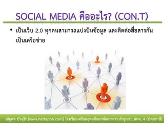 • เป็นเว็บ 2.0 ทุกคนสามารถแบ่งปันข้อมูล และติดต่อสื่อสารกัน
    เป็นเครือข่าย




ณัฐพล บัวอุไร [www.nattapon.com] โรงเรียนเตรียมอุดมศึกษาพัฒนาการ ลาลูกกา, สพม. 4 (ปทุมธานี)
 