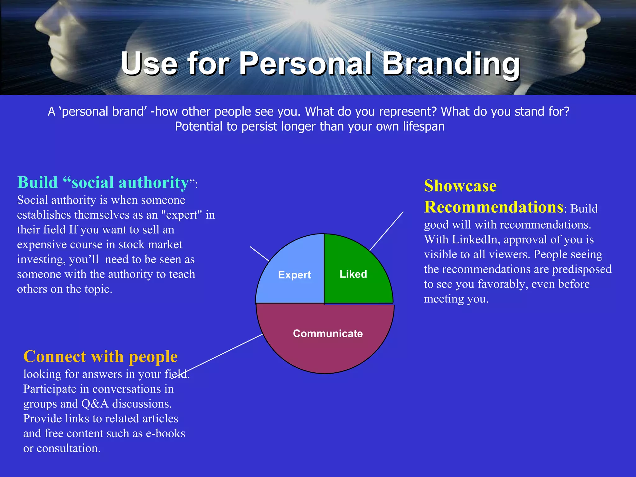 Use for Personal Branding Build “social authority ”: Social authority is when someone establishes themselves as an "expert" in their field If you want to sell an expensive course in stock market investing, you’ll  need to be seen as someone with the authority to teach others on the topic.  Expert Liked Connect with people  looking for answers in your field. Participate in conversations in groups and Q&A discussions.  Provide links to related articles and free content such as e-books or consultation.  Showcase Recommendations : Build good will with recommendations. With LinkedIn, approval of you is visible to all viewers. People seeing the recommendations are predisposed to see you favorably, even before meeting you. A ‘personal brand’ -how other people see you. What do you represent? What do you stand for? Potential to persist longer than your own lifespan Communicate 