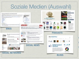 Soziale Medien (Auswahl)


  WIKIS
                                PODCASTS

                                           W
                                           W
                  SOCIAL NEWS
                                           W

SOCIAL NETWORKS
                                   BLOGS
 