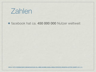 Zahlen
    facebook hat ca. 450 000 000 Nutzer weltweit




QUELLE: HTTP://ECONSULTANCY.COM/UK/BLOG/5324-20+-MIND-BLOWING-SOCIAL-MEDIA-STATISTICS-REVISITED (LETZTER ZUGRIFF: 22.11.11)
 