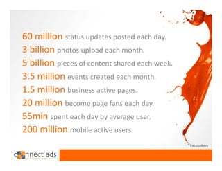 60 million status updates posted each day.
3 billion photos upload each month.
5 billion pieces of content shared each week.
3.5 million events created each month.
1.5 million business active pages.
20 million become page fans each day.
55min spent each day by average user.
200 million mobile active users
                                                *Facebakers
 