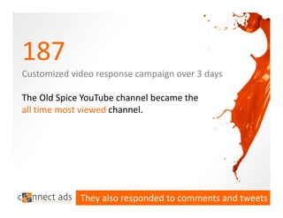 187 
Customized video response campaign over 3 days

The Old Spice YouTube channel became the 
all time most viewed channel.




             They also responded to comments and tweets
 