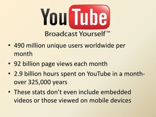 • 490 million unique users worldwide per
  month
• 92 billion page views each month
• 2.9 billion hours spent on YouTube in a month-
  over 325,000 years
• These stats don’t even include embedded
  videos or those viewed on mobile devices
 