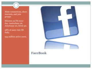 Make connections, share
interests, and join
groups

Minutes on FB every
day: Australians 26,
Americans 20, Kiwis 30.

58% of users visit FB
daily.

955 million active users.




                            FaceBook
 