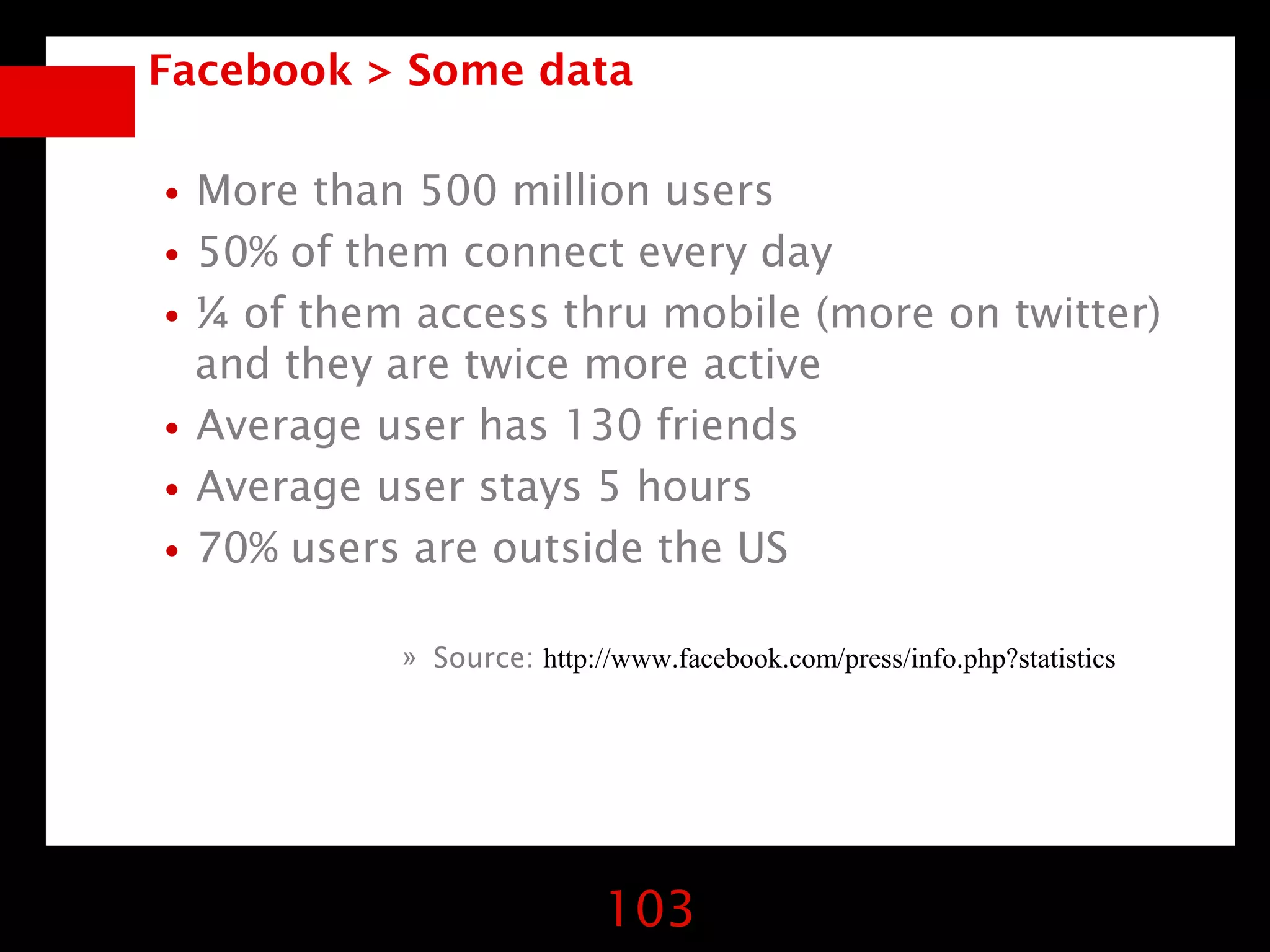Facebook > Some data


•More than 500 million users
•50% of them connect every day
•¼ of them access thru mobile (more on twitter)
 and they are twice more active
•Average user has 130 friends
•Average user stays 5 hours
•70% users are outside the US
           » Source: http://www.facebook.com/press/info.php?statistics




                           103
 