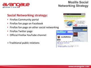 Mozilla Social Networking Strategy Social Networking strategy: Firefox Community portal Firefox fan page on Facebook Firefox fan page on other social networking Firefox Twitter page Official Firefox YouTube channel + Traditional public relations 