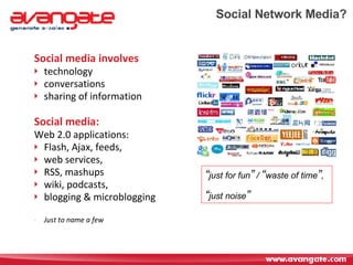 Social Network Media? Social media involves technology conversations  sharing of information Social media:   Web 2.0 applications : Flash, Ajax, feeds, web services,  RSS, mashups wiki, podcasts,  blogging  & microblogging Just to name a few “ just for fun ”  /  “ waste of time ” ,  “ just noise ” 