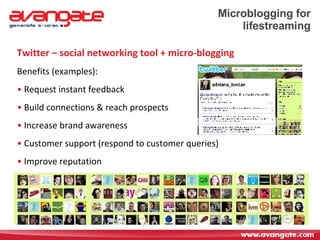 Microblogging for lifestreaming Twitter – social networking tool + micro-blogging Benefits (examples): Request instant feedback Build connections & reach prospects Increase brand awareness Customer support (respond to customer queries) Improve reputation 