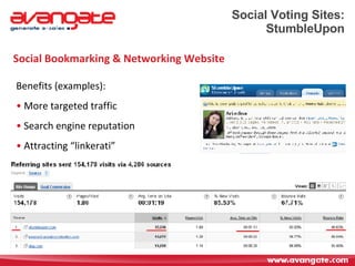 Social Voting Sites: StumbleUpon Social Bookmarking & Networking Website Benefits (examples): More targeted traffic  Search engine reputation Attracting “linkerati” 