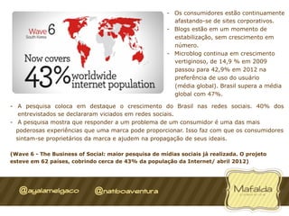 -  Os consumidores estão continuamente
                                                          afastando-se de sites corporativos.
                                                       -  Blogs estão em um momento de
                                                          estabilização, sem crescimento em
                                                          número.
                                                       -  Microblog continua em crescimento
                                                          vertiginoso, de 14,9 % em 2009
                                                          passou para 42,9% em 2012 na
                                                          preferência de uso do usuário
                                                          (média global). Brasil supera a média
                                                          global com 47%.

-  A pesquisa coloca em destaque o crescimento do Brasil nas redes sociais. 40% dos
    entrevistados se declararam viciados em redes sociais.
-  A pesquisa mostra que responder a um problema de um consumidor é uma das mais
   poderosas experiências que uma marca pode proporcionar. Isso faz com que os consumidores
   sintam-se proprietários da marca e ajudem na propagação de seus ideais.

(Wave 6 - The Business of Social: maior pesquisa de mídias sociais já realizada. O projeto
esteve em 62 países, cobrindo cerca de 43% da população da Internet/ abril 2012)
 