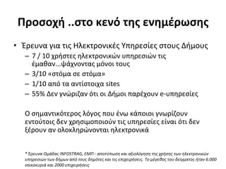 Προσοχή	
  ..στo	
  κενό	
  της	
  ενημέρωσης	
  	
  
•  Έρευνα	
  για	
  τις	
  Ηλεκτρονικές	
  Υπηρεσίες	
  στους	
  Δήμους	
  
    –  7	
  /	
  10	
  χρήστες	
  ηλεκτρονικών	
  υπηρεσιών	
  τις	
  
          έμαθαν...ψάχνοντας	
  μόνοι	
  τους	
  
    –  3/10	
  «στόμα	
  σε	
  στόμα»	
  
    –  1/10	
  από	
  τα	
  αντίστοιχα	
  sites	
  
    –  55%	
  Δεν	
  γνώριζαν	
  ότι	
  οι	
  Δήμοι	
  παρέχουν	
  e-­‐υπηρεσίες	
  
    	
  
    Ο	
  σημαντικότερος	
  λόγος	
  που	
  ένω	
  κάποιοι	
  γνωρίζουν	
  
    εντούτοις	
  δεν	
  χρησιμοποιούν	
  τις	
  υπηρεσίες	
  είναι	
  ότι	
  δεν	
  
    ξέρουν	
  αν	
  ολοκληρώνονται	
  ηλεκτρονικά	
  
    	
  
    	
   Έρευνα	
  Ομάδας	
  INFOSTRAG,	
  EMΠ	
  -­‐	
  αποτύπωση	
  και	
  αξιολόγηση	
  της	
  χρήσης	
  των	
  ηλεκτρονικών	
  
    *	
  
    υπηρεσιών	
  των	
  δήμων	
  από	
  τους	
  δημότες	
  και	
  τις	
  επιχειρήσεις.	
  Το	
  μέγεθος	
  του	
  δείγματος	
  ήταν	
  6.000	
  
    νοικοκυριά	
  και	
  2000	
  επιχειρήσεις	
  
 