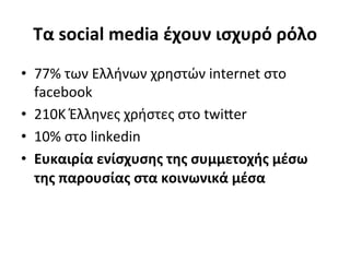 Τα	
  social	
  media	
  έχουν	
  ισχυρό	
  ρόλο	
  
•  77%	
  των	
  Ελλήνων	
  χρηστών	
  internet	
  στο	
  
   facebook	
  
•  210K	
  Έλληνες	
  χρήστες	
  στο	
  twiver	
  
•  10%	
  στο	
  linkedin	
  
•  Ευκαιρία	
  ενίσχυσης	
  της	
  συμμετοχής	
  μέσω	
  
   της	
  παρουσίας	
  στα	
  κοινωνικά	
  μέσα	
  
 