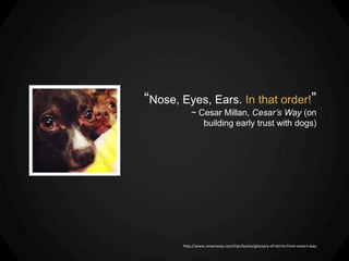 “Nose, Eyes, Ears. In that order!”
           ~ Cesar Millan, Cesar’s Way (on
              building early trust with dogs)




       http://www.cesarsway.com/tips/basics/glossary-of-terms-from-cesars-way
 
