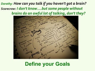 Dorothy: How can you talk if you haven't got a brain?
Scarecrow: I don't know....but some people without
      brains do an awful lot of talking, don't they?




              Define your Goals
 