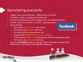 Skyrocketing popularity
•   Largest social networking site - >80M active users WW
•   Founded in 2004 as college networking tool
•   By Mark Zuckerberg (age 23). Youngest ever self-made billionaire
•   In 2007, opened to broader use base + app developers
•   Quick statistics
     – 124 million unique visitors per month
     – 250,000 people register each day
     – 14 million photos uploaded per day
     – Controls 85% Market share across universities
     – 172% growth in Age 35-54 demographic (fastest expanding crowd)
     – 20 minutes avg. time spent per day
•   Valued at $15 Billion dollars in October 2007, Microsoft invested $240
    million for a 1.6% stake in the high tech company.
 