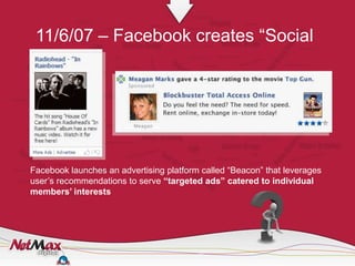 11/6/07 – Facebook creates “Social
 Ads”




Facebook launches an advertising platform called “Beacon” that leverages
user’s recommendations to serve “targeted ads” catered to individual
members’ interests
 