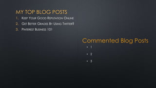 MY TOP BLOG POSTS
1. KEEP YOUR GOOD REPUTATION ONLINE
2. GET BETTER GRADES BY USING TWITTER?
3. PINTEREST BUSINESS 101


                                         Commented Blog Posts
                                          • 1

                                          • 2

                                          • 3
 