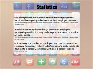 60% of employees either do not know if their employer has a
social media use policy or believe that their employer does not.
“Social networking and reputational risk in the workplace,” Deloitte LLP 2009 Ethics & Workplace
Survey results.
A Deloitte LLP study found that 74 percent of employees
surveyed agree that it is easy to damage a company’s reputation
on social media.
“Social networking and reputational risk in the workplace,” Deloitte LLP 2009 Ethics & Workplace
Survey results.
In June 2009, the number of employers who had terminated an
employee for conduct related to his/her use of a social media site
doubled to 8 percent, compared with only 4 percent in 2008
Marketwire Survey
Statistics
 