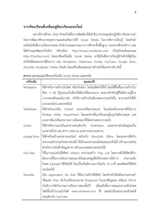 2

จากห้องเรียนสี่เหลี่ยมสูห้องเรียนออนไลน์
่
ปลายปีการศึกษา 2552 ข้าพเจ้าได้รับการคัดเลือกให้เข้ารับการประชุมเชิงปฏิบัติการโครงการนา
ร่องการพัฒนาศักยภาพบุคลากรและส่งเสริมการใช้ Social Media ในการจัดการเรียนรู้ โดยสานัก
เทคโนโลยีเพื่อการเรียนการสอน สานักงานคณะกรรมการการศึกษาขั้นพื้นฐาน กระทรวงศึกษาธิการ และ
ได้สร้างและพัฒนาเว็บล็อก หรือบล็อก http://kruaun.wordpress.com (ปัจจุบันจดโดเมนเนม
http://CoolAun.com) โดยอาศัยเครื่องมือ Social Media มาใช้เป็นสื่อการเรียนรู้สาหรับให้ผู้เรียน
เข้าถึงได้ตลอดเวลาที่ต้องการ เช่น Wordpress, Slideshare, Scribd, YouTube, Google Drive,
ShowMe, FaceBook, Twitter เป็นต้น โดยเครื่องมือแต่ละอย่างทาหน้าที่แตกต่างกัน ดังนี้
ตาราง แสดงคุณสมบัติของเครื่องมือ Social Media แต่ละชนิด
เครื่องมือ
คุณสมบัติ
Wordpress ใช้สาหรับการสร้างเว็บไซต์ หรือเว็บล็อก โดยไม่เสียค่าใช้ใช้ โดยใช้พื้นที่ในการสร้างเว็บ
ล็อก 3 GB มีรูปแบบเว็บล็อกให้เลือกได้หลายแบบ สะดวกสาหรับผู้ที่ไม่มีความรู้ด้าน
ภาษาคอมพิวเตอร์มากนัก ทาให้การสร้างเว็บล็อกสะดวกรวดเร็วขึ้น สามารถทาได้ทั้ง
แบบออนไลน์ และออฟไลน์
SlideShare ใช้สาหรับแบ่งปัน (Share) เอกสารได้ทุกประเภท โดยเน้นหนักเอกสารที่เป็นการ
นาเสนอ (Slide, PowerPoint) โดยเอกสารที่แบ่งปันจะอยู่ในรูปไฟล์นามสกุล pdf
เอกสารที่แบ่งปันสามารถดาวน์โหลดมาใช้ได้อย่างสะดวกรวดเร็ว
Scribd
ใช้สาหรับการแบ่งปันเอกสารเช่นเดียวกับ SlideShare แต่เอกสารส่วนใหญ่จะเป็น
เอกสารทั่วไป เช่น ตารา บทความ เอกสารประกอบต่างๆ
Google Drive ใช้สาหรับสร้างเอกสารออนไลน์ คล้ายกับ MicroSoft Office โดยเอกสารที่สร้าง
สามารถสร้างร่วมกันหลายคนได้ ใช้เก็บเอกสารออนไลน์และแบ่งปันได้ สร้างแบบฟอร์ม
สาหรับการบันทึกข้อมูลต่างๆ สร้างแบบทดสอบออนไลน์ได้
YouTube
ใช้ในการแบ่งบันวีดีทัศน์ (Video) สามารถสร้าง Play List โดยการดึงวีดีทัศน์ที่เรา
ต้องการใช้ในการเรียนการสอนมาเป็นหมวดหมู่เพื่อให้ง่ายต่อการใช้การ สามารถอับ
โหลด (Upload) วีดีทัศน์ได้ โดยเบื้องต้นมีความยาวไม่เกิน 15 นาที และตัดต่อวีดีทัศน์
ออนไลน์ได้
ShowMe
เป็น Application บน iPad ใช้ในการสร้างวีดีทัศน์ โดยทาหน้าที่เสมือนกระดานดา
เชื่อมต่อ iPad เข้ากับเครื่องฉายภาพ (Projector) ในเวลาที่ครูสอน พร้อมๆ กับการ
บันทึกการจัดกิจกรรมการเรียนการสอนนั้นไว้ เมื่อเสร็จสิ้นการสอนสามารถอับโหลด
ไฟล์นั้นเก็บไวบนเว็บไซต์ www.showme.com ได้ และนักเรียนสามารถเข้าชมได้
เช่นเดียวกับ YouTube

 