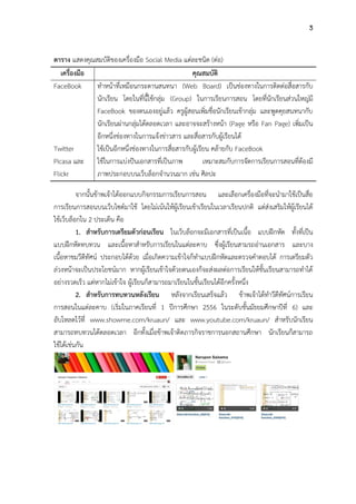 3
ตาราง แสดงคุณสมบัติของเครื่องมือ Social Media แต่ละชนิด (ต่อ)
เครื่องมือ
คุณสมบัติ
FaceBook
ทาหน้าที่เหมือนกระดานสนทนา (Web Board) เป็นช่องทางในการติดต่อสื่อสารกับ
นักเรียน โดยในที่นี้ใช้กลุ่ม (Group) ในการเรียนการสอน โดยที่นักเรียนส่วนใหญ่มี
FaceBook ของตนเองอยู่แล้ว ครูผู้สอนเพิ่มชื่อนักเรียนเข้ากลุ่ม และพูดคุยสนทนากับ
นักเรียนผ่านกลุ่มได้ตลอดเวลา และอาจจะสร้างหน้า (Page หรือ Fan Page) เพิ่มเป็น
อีกหนึ่งช่องทางในการแจ้งข่าวสาร และสื่อสารกับผู้เรียนได้
Twitter
ใช้เป็นอีกหนึ่งช่องทางในการสื่อสารกับผู้เรียน คล้ายกับ FaceBook
Picasa และ ใช้ในการแบ่งปันเอกสารที่เป็นภาพ
เหมาะสมกับการจัดการเรียนการสอนที่ต้องมี
Flickr
ภาพประกอบบนเว็บล็อกจานวนมาก เช่น ศิลปะ
จากนั้นข้าพเจ้าได้ออกแบบกิจกรรมการเรียนการสอน และเลือกเครื่องมือที่จะนามาใช้เป็นสื่อ
การเรียนการสอนบนเว็บไซต์มาใช้ โดยไม่เน้นให้ผู้เรียนเข้าเรียนในเวลาเรียนปกติ แต่ส่งเสริมให้ผู้เรียนได้
ใช้เว็บล็อกใน 2 ประเด็น คือ
1. สาหรับการเตรียมตัวก่อนเรียน ในเว็บล็อกจะมีเอกสารที่เป็นเนื้อ แบบฝึกหัด ทั้งที่เป็น
แบบฝึกหัดทบทวน และเนื้อหาสาหรับการเรียนในแต่ละคาบ ซึ่งผู้เรียนสามรถอ่านเอกสาร และบาง
เนื้อหาชมวีดีทัศน์ ประกอบได้ด้วย เมื่อเกิดความเข้าใจก็ทาแบบฝึกหัดและตรวจคาตอบได้ การเตรียมตัว
ล่วงหน้าจะเป็นประโยชน์มาก หากผู้เรียนเข้าใจด้วยตนเองก็จะส่งผลต่อการเรียนให้ชั้นเรียนสามารถทาได้
อย่างรวดเร็ว แต่หากไม่เข้าใจ ผู้เรียนก็สามารถมาเรียนในชั้นเรียนได้อีกครั้งหนึ่ง
2. สาหรับการทบทวนหลังเรียน หลังจากเรียนเสร็จแล้ว ข้าพเจ้าได้ทาวีดีทัศน์การเรียน
การสอนในแต่ละคาบ (เริ่มในภาคเรียนที่ 1 ปีการศึกษา 2556 ในระดับชั้นมัธยมศึกษาปีที่ 6) และ
อับโหลดไว้ที่ www.showme.com/kruaun/ และ www.youtube.com/kruaun/ สาหรับนักเรียน
สามารถทบทวนได้ตลอดเวลา อีกทั้งเมื่อข้าพเจ้าติดภารกิจราชการนอกสถานศึกษา นักเรียนก็สามารถ
ใช้ได้เช่นกัน

 