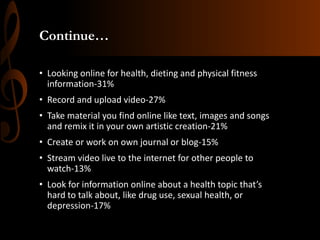 Continue…
• Looking online for health, dieting and physical fitness
information-31%
• Record and upload video-27%
• Take material you find online like text, images and songs
and remix it in your own artistic creation-21%

• Create or work on own journal or blog-15%
• Stream video live to the internet for other people to
watch-13%
• Look for information online about a health topic that’s
hard to talk about, like drug use, sexual health, or
depression-17%

 