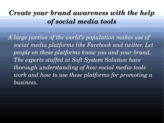 Create your brand awareness with the help 
of social media tools
   A large portion of the world’s population makes use of 
social media platforms like Facebook and twitter. Let 
people on these platforms know you and your brand. 
The experts staffed at Soft System Solution have 
thorough understanding of how social media tools 
work and how to use these platforms for promoting a 
business. 

 