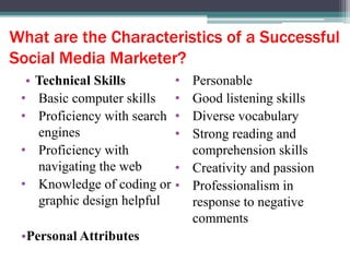 What are the Characteristics of a Successful
Social Media Marketer?
• Technical Skills
• Basic computer skills
• Proficiency with search
engines
• Proficiency with
navigating the web
• Knowledge of coding or
graphic design helpful
•Personal Attributes
• Personable
• Good listening skills
• Diverse vocabulary
• Strong reading and
comprehension skills
• Creativity and passion
• Professionalism in
response to negative
comments
 