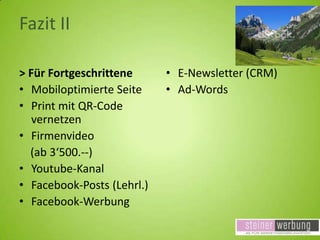 Fazit II
> Für Fortgeschrittene
• Mobiloptimierte Seite
• Print mit QR-Code
vernetzen
• Firmenvideo
(ab 3‘500.--)
• Youtube-Kanal
• Facebook-Posts (Lehrl.)
• Facebook-Werbung

• E-Newsletter (CRM)
• Ad-Words

 