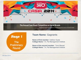 08-Sep-2014 
Team Name: Gagnants 
Name of first member: Vaibhav Gupta 
College Name: T.A. Pai Management Institute 
Name of the second member : Tanvi Bansal 
College Name: T.A. Pai Management Institute 
 