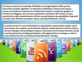 Un réseau social est un ensemble d'individus ou d'organisations reliés par des
interactions sociales régulières. Un domain...
