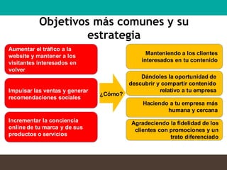 Objetivos más comunes y su
estrategia
Aumentar el tráfico a la
website y mantener a los
visitantes interesados en
volver
Impulsar las ventas y generar
recomendaciones sociales
Incrementar la conciencia
online de tu marca y de sus
productos o servicios
¿Cómo?
Haciendo a tu empresa más
humana y cercana
Dándoles la oportunidad de
descubrir y compartir contenido
relativo a tu empresa
Agradeciendo la fidelidad de los
clientes con promociones y un
trato diferenciado
Manteniendo a los clientes
interesados en tu contenido
 