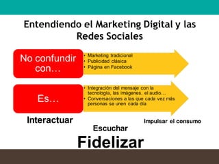 Entendiendo el Marketing Digital y las
Redes Sociales
• Marketing tradicional
• Publicidad clásica
• Página en Facebook
No confundir
con…
• Integración del mensaje con la
tecnología, las imágenes, el audio…
• Conversaciones a las que cada vez más
personas se unen cada día
Es…
Fidelizar
Interactuar Impulsar el consumo
Escuchar
 