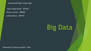 Big Data
Social Media Web e Smart Apps
Novac Radu Andrei – 857630
Pocchi Lorenzo – 860840
Luisotto Marco - 859193
Università Ca’Foscari AA 2015 - 2016
 