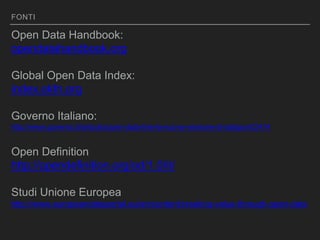 FONTI
Open Data Handbook:
opendatahandbook.org
Global Open Data Index:
index.okfn.org
Governo Italiano:
http://www.governo.it/articolo/open-data-line-la-nuova-versione-di-datigovit/2414
Open Definition
http://opendefinition.org/od/1.0/it/
Studi Unione Europea
http://www.europeandataportal.eu/en/content/creating-value-through-open-data
 