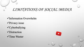 LIMITATIONS OF SOCIAL MEDIA
Information Overwhelm
Privacy issue
Cyberbullying
Distraction
Time Waster
 