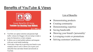 Benefits of YouTube & Views
● YouTube can capture attention and generate high
traffic volumes for bloggers who are trying to make a
name for themselves or their company
● It allows you to reach global audience and integrate
with your social media marketing
● Views play a huge role in growing your brand or your
company name as well, it allows you to grow your
subscriber base and make friends and network on
YouTube
List of Benefits
● Demonstrating products
● Creating community
● Demonstrating expertise
● Saving bandwidth
● Showing your brand's 'personality'
● Leveraging events or promotions
● Solving customers' problems
Figure 25. Benefits (Mankani 2016)
 