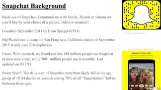 .Basic use of Snapchat- Communicate with family, friends or whomever
you’d like by your choice of a picture, video or snaptext!
Founded- September 2011 by Evan Spiegel (CEO)
HQ/Workforce- Located in San Francisco, California and as of September
2015 it only uses 330 employees.
Users: With research, we found out that 188 million people use Snapchat
at least once a day, while 300+ million people use it monthly. Last
updated on 9/17/18
Sweet Spot?: The daily user of Snapchat more than likely fall in the age
group of 18-24 thanks to research stating 78% of all “Snapchatters” fall in-
between those ages.
Snapchat Background
Figure 28, Google, (Snap 2018)
Figure 27,Logo,(Buzzman)
 