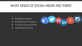 WHAT KINDS OF SOCIAL MEDIA ARE THERE?
● Blogs/Microblogs
● Collaborative Projects
● Content Communities
● Social Networking
 