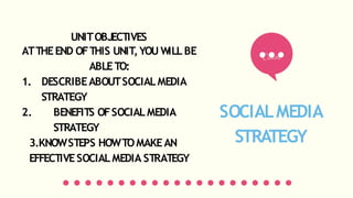 SOCIALMEDIA
STRATEGY
UNITOBJECTIVES
ATTHEEND OFTHIS UNIT,YOU WILLBE
ABLETO:
1. DESCRIBEABOUTSOCIALMEDIA
STRATEGY
2. BENEFITS OFSOCIALMEDIA
STRATEGY
3.KNOWSTEPS HOWTOMAKEAN
EFFECTIVESOCIALMEDIA STRATEGY
 