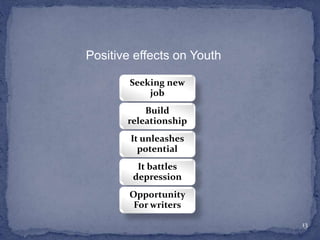 Seeking new
job
Build
releationship
It unleashes
potential
It battles
depression
Opportunity
For writers
13
Positive effects on Youth
 