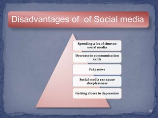 Spending a lot of time on
social media
Decrease in communication
skills
Fake news
Social media can cause
sleeplessness
Getting closer to depression
19
Disadvantages of of Social media
 