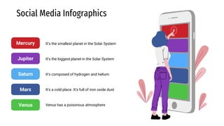 Social Media Infographics
It’s the smallest planet in the Solar System
Venus has a poisonous atmosphere
It’s the biggest planet in the Solar System
It’s composed of hydrogen and helium
It’s a cold place. It’s full of iron oxide dust
Mercury
Jupiter
Saturn
Mars
Venus
 