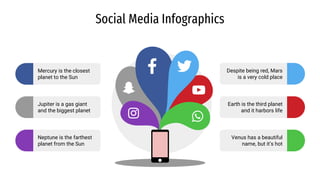 Social Media Infographics
Mercury is the closest
planet to the Sun
Jupiter is a gas giant
and the biggest planet
Earth is the third planet
and it harbors life
Venus has a beautiful
name, but it’s hot
Despite being red, Mars
is a very cold place
Neptune is the farthest
planet from the Sun
 