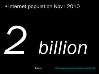 billion
•Internet population Nov : 2010
Source: http://www.internetworldstats.com/stats.htm
 
