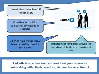 LinkedIn has more than 135
       million users


  More than two million
companies have pages on
        LinkedIn



7,432,307 job changes have
 been tracked by LinkedIn    80 percent of companies around the
        since 2009           world use LinkedIn as a recruitment
                                             tool



  LinkedIn is a professional network that you can use for
networking with clients, vendors, etc. and for recruitment.
 