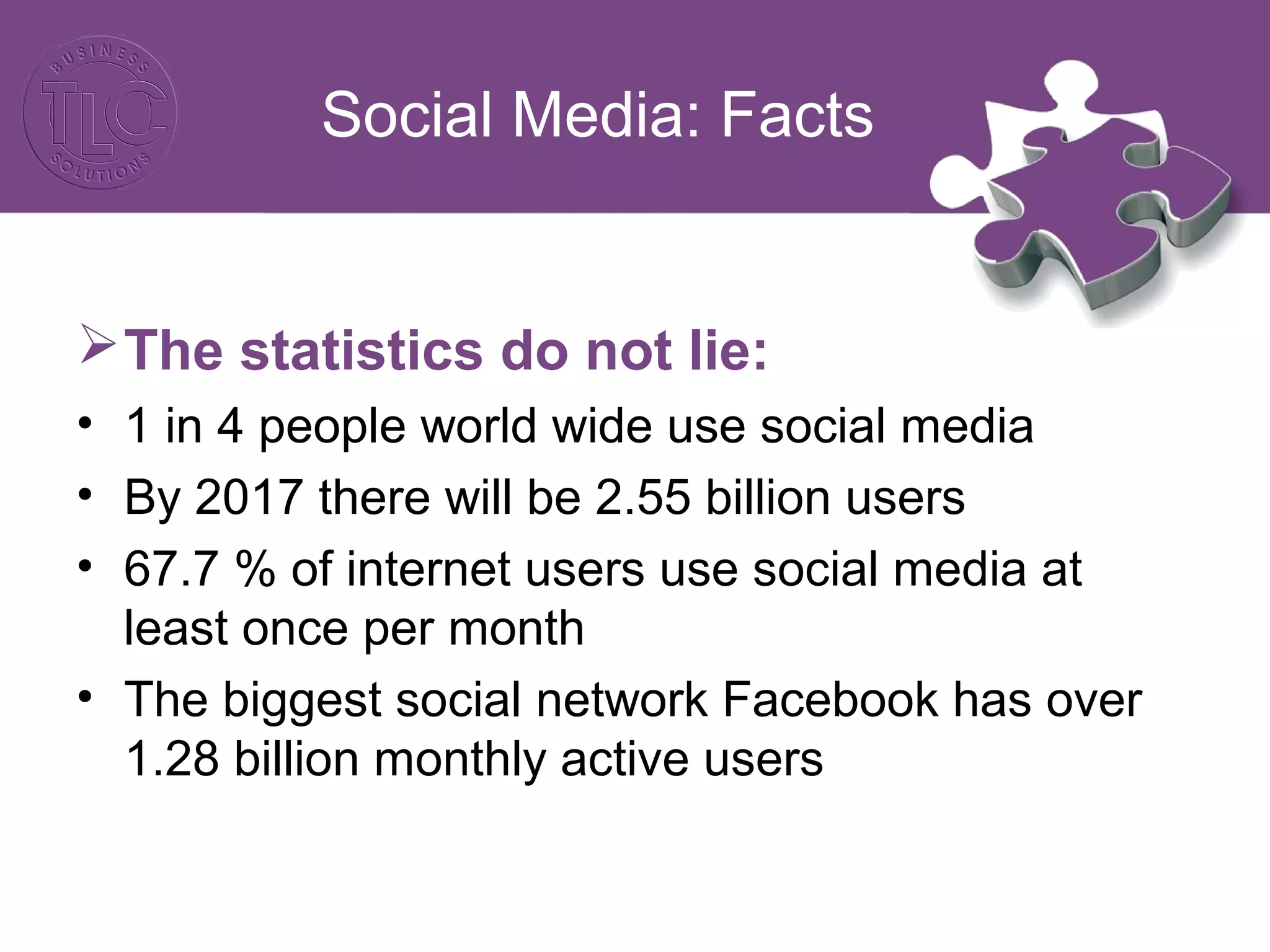 Social Media: Facts 
The statistics do not lie: 
• 1 in 4 people world wide use social media 
• By 2017 there will be 2.55 billion users 
• 67.7 % of internet users use social media at 
least once per month 
• The biggest social network Facebook has over 
1.28 billion monthly active users 
 