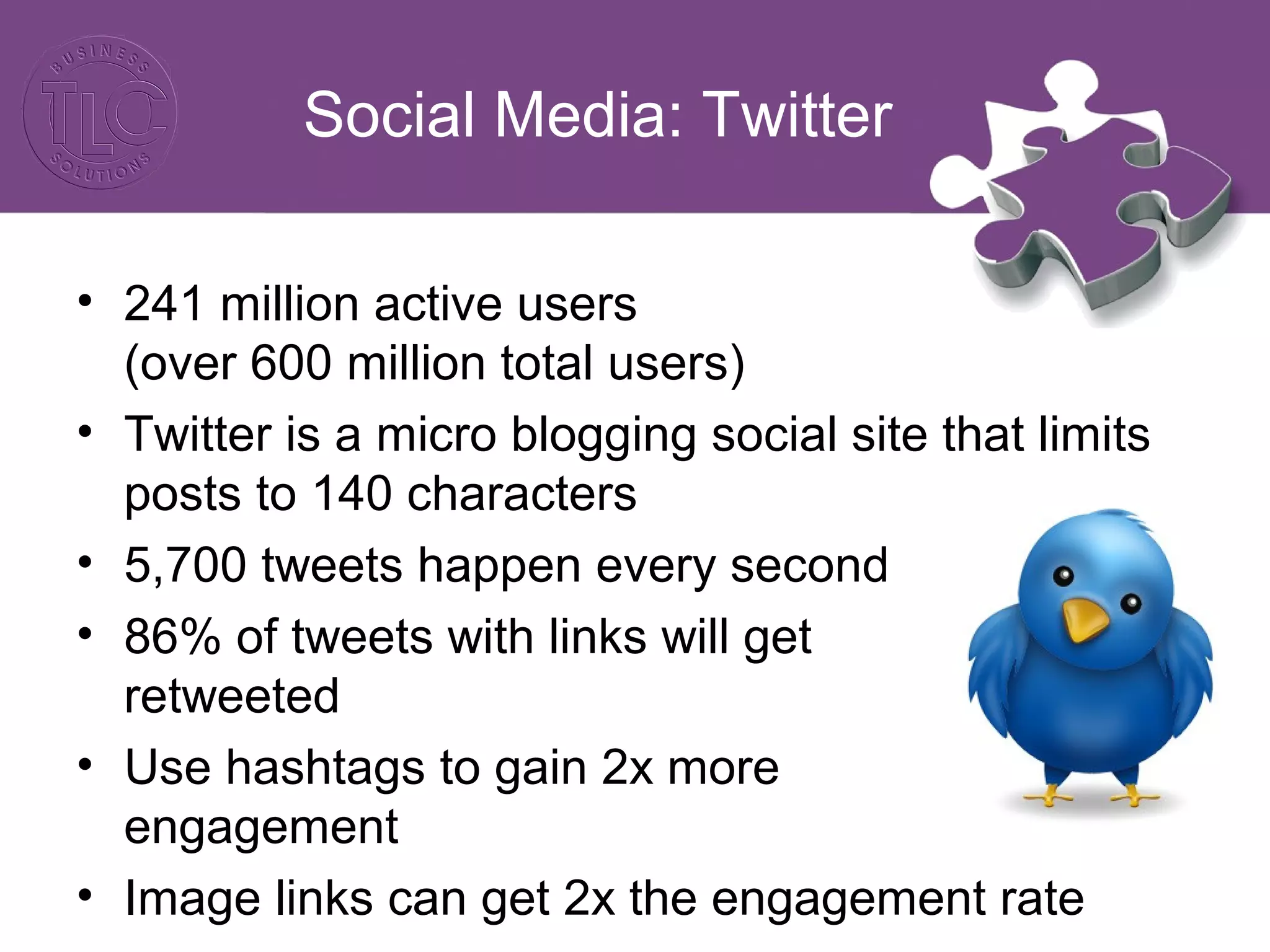 Social Media: Twitter 
• 241 million active users 
(over 600 million total users) 
• Twitter is a micro blogging social site that limits 
posts to 140 characters 
• 5,700 tweets happen every second 
• 86% of tweets with links will get 
retweeted 
• Use hashtags to gain 2x more 
engagement 
• Image links can get 2x the engagement rate 
 