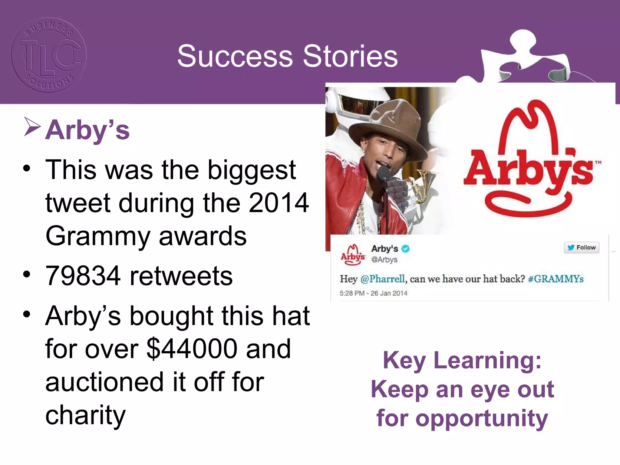 Success Stories 
Arby’s 
• This was the biggest 
tweet during the 2014 
Grammy awards 
• 79834 retweets 
• Arby’s bought this hat 
for over $44000 and 
auctioned it off for 
charity 
Key Learning: 
Keep an eye out 
for opportunity 
 
